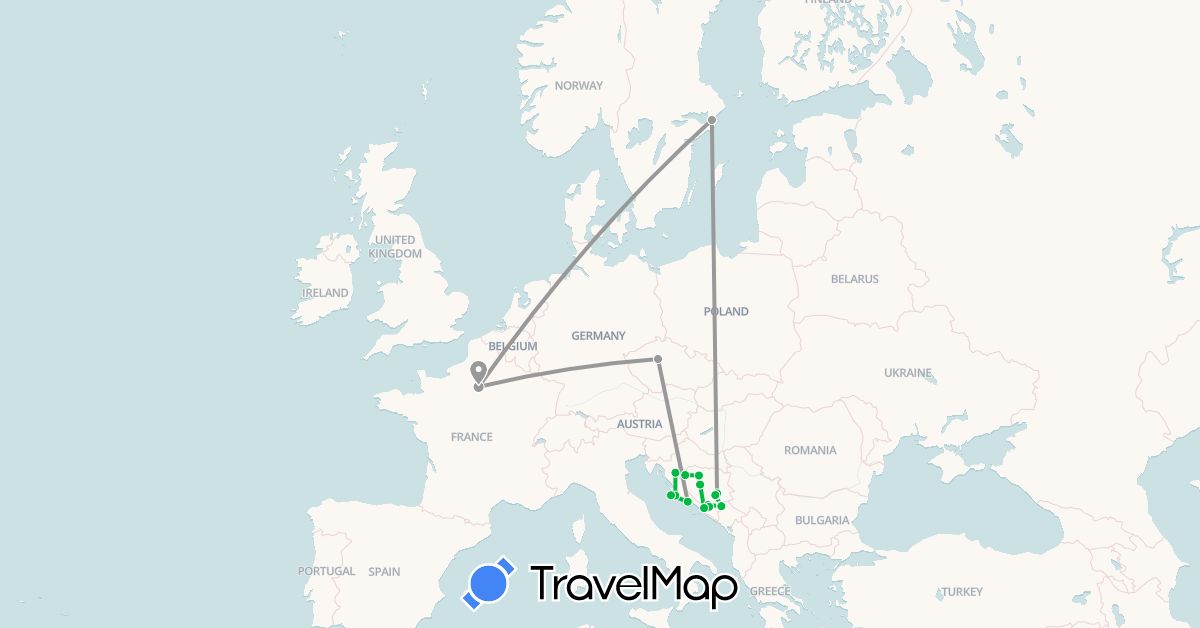 TravelMap itinerary: driving, bus, plane in Bosnia and Herzegovina, Czech Republic, France, Croatia, Sweden (Europe)
